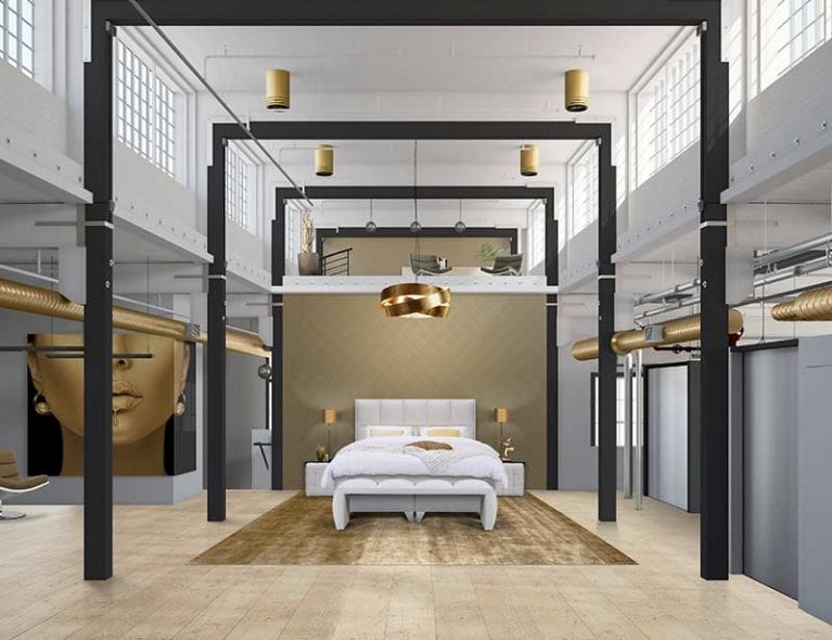 Foto eines hohen, hellen Schlafzimmers mit hellem Boxspringbetts