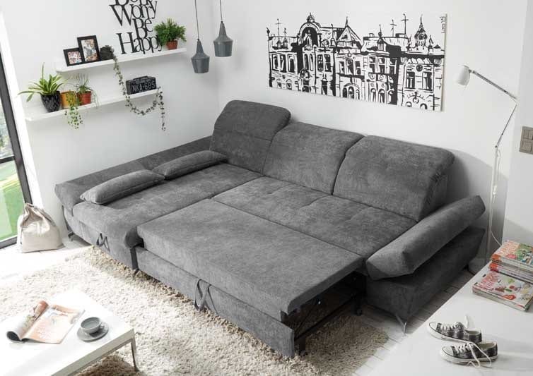 Melfi Wohnlandschaft in grau mit ausgezogenem Bettkasten in Dunkelgrau