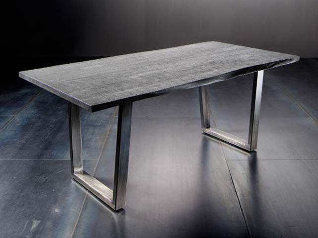 Esstisch Calabria mit grauer Tischplatte und Trapez-Gestell in Edelstahl