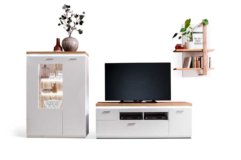 Wohnwand Cali von MCA in weiss mit Wotan Eiche Holz