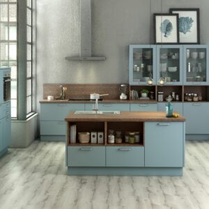 Trendige Küchenzeilen mit Kücheninsel KA 54.150 in Blaugrau Seidenglanz –