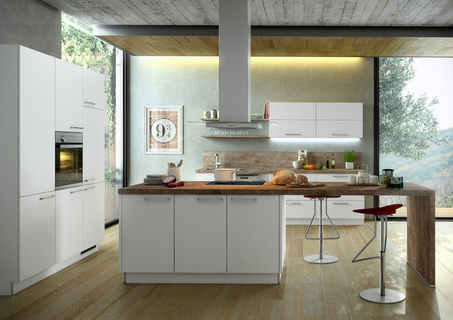 Einbauküche KA 40.100 im strahlendem Weiß und moderner Arbeitsplatte, Kücheninsel und Geräteblock –