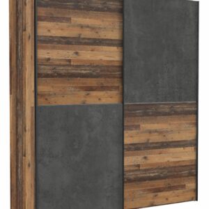 Schwebetürenschrank FRITZO - B. ca. 170 cm, Vintage Holz Dekor, Betonoptik Dunkelgrau –