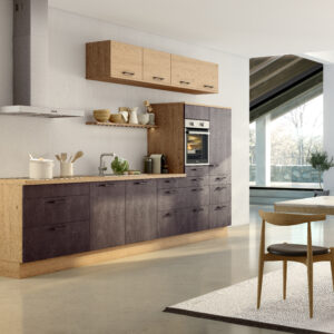 Kompakte Küchenzeile KA 51.180/51.110 in dunkler Beton- und heller Holzoptik mit wertigen Elektrogeräten –