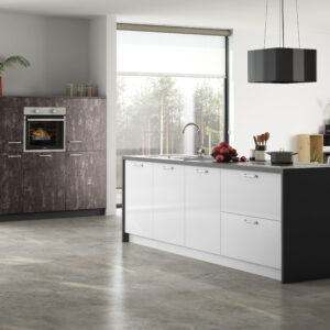 Schlichte Kücheninsel KA 51.170 mit Technikcenter in Kristallweiß Hochglanz und Flammeneiche Schwarz Nachbildung –