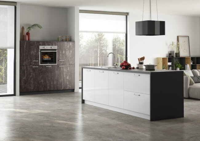 Schlichte Kücheninsel KA 51.170 mit Technikcenter in Kristallweiß Hochglanz und Flammeneiche Schwarz Nachbildung –