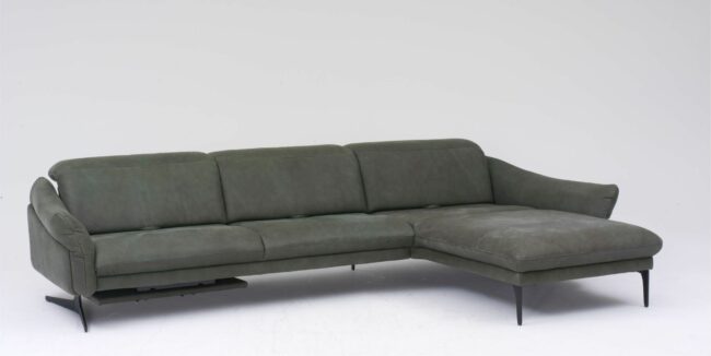 Ecksofa - 3-Sitzer mit Longchair rechts, Kopfteil/Sitztiefe verstellbar, Leder, Grün –